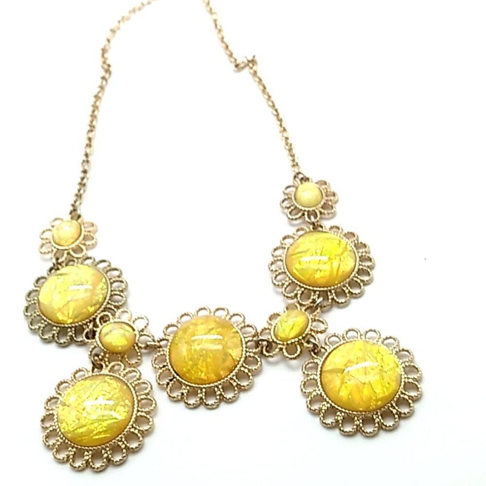 Faux Opal Lucite Cabochon Filigree Necklace